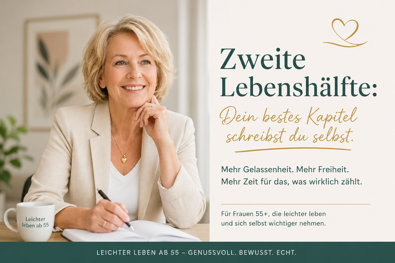 Die zweite Lebenshälfte ist kein Abstieg – Frau blickt hoffnungsvoll in die Weite